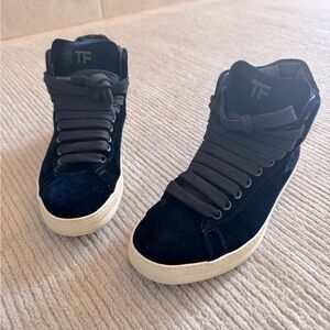 TOM FORD Women's Velvet Velour Lace Up High Top Designer Sneakers Navy 35EU/5US